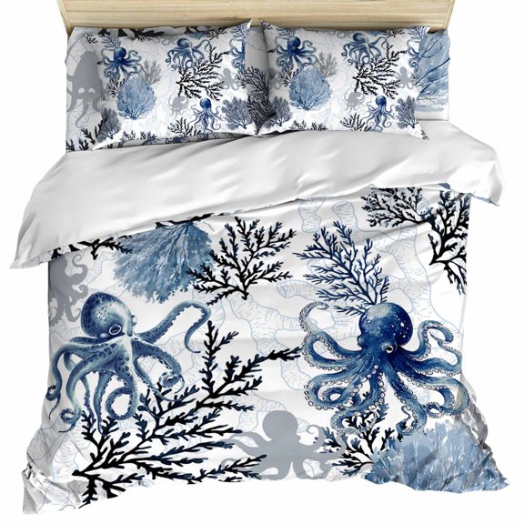 Octopus Coastal Set of 4 Bedding Quilt Covers, Navy Blue Nautical Summer Ocean 4-Piece Bed Sheet Set with Extra Soft Bed Sheets Quilt Cover Pillowcase, Queen