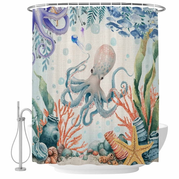 Octopus Coastal Shower Curtain, Waterproof Shower Curtains for Bathroom, Summer Nautical Starfish Coral Beige Washable Fabric Bathtub Curtain Set Bath Decor with 12 Hooks Long 72"x84"