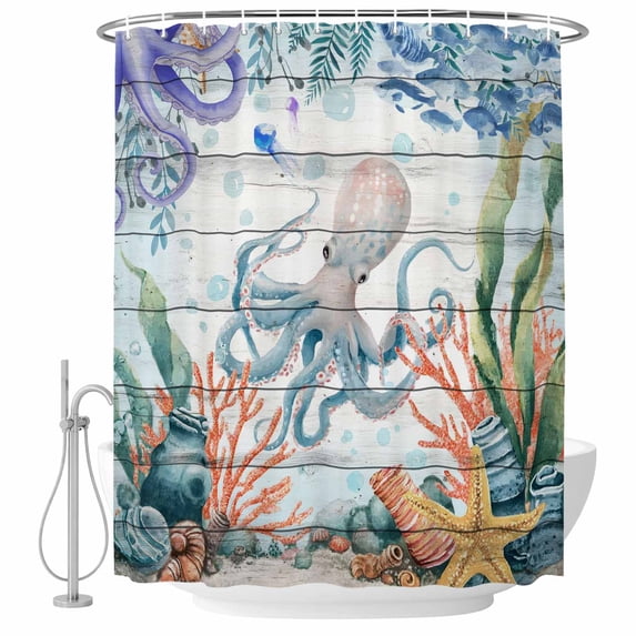 Octopus Coastal Shower Curtain, Waterproof Shower Curtains for Bathroom, Summer Nautical Starfish Coral Grey Wooden Washable Fabric Bathtub Curtain Set Bath Decor with 12 Hooks Extra Long 72"x96"