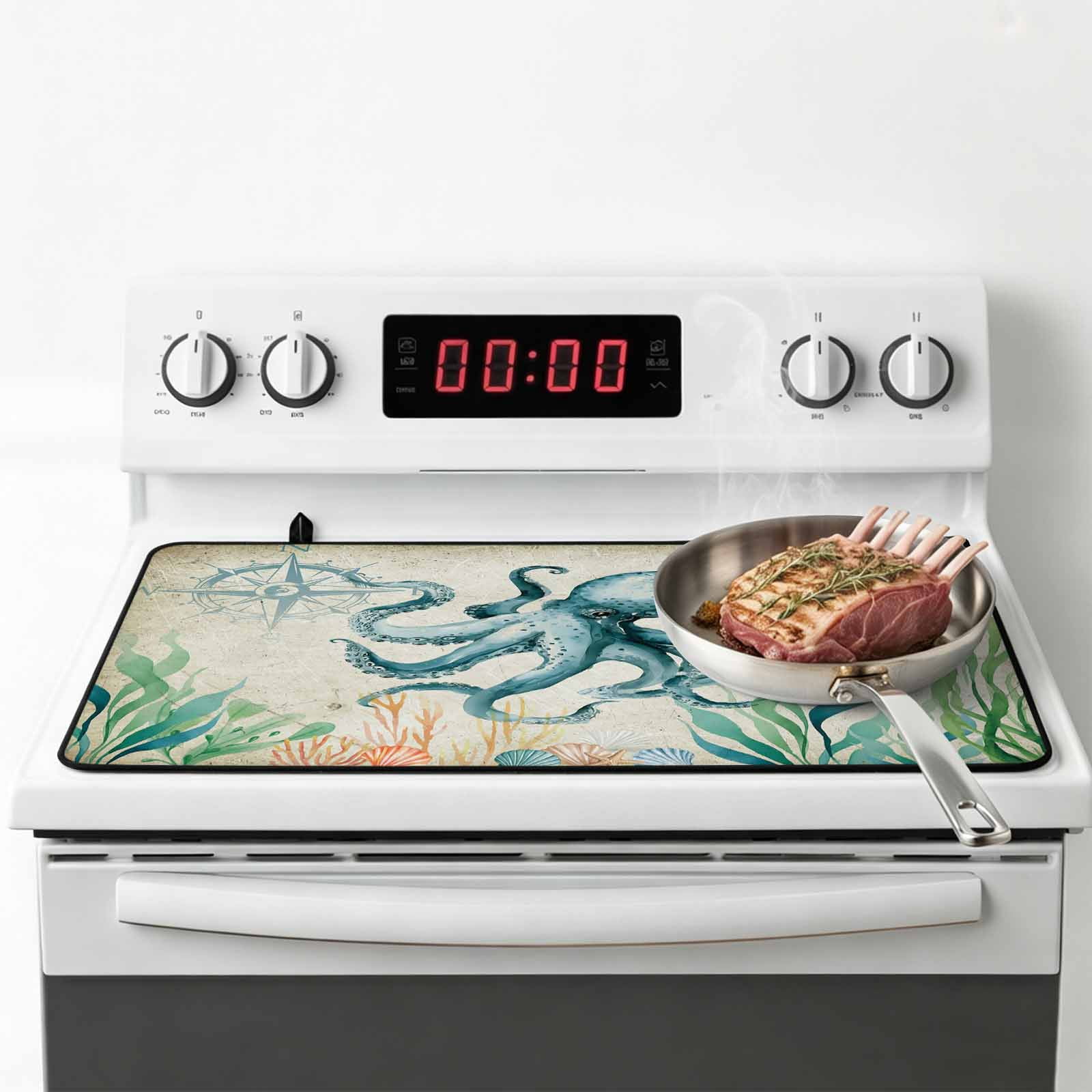 Octopus Coastal Stove Top Cover for Electric Stove, Heat-proof & Non Slip Glass Top Stove Cover Protector, Vintage Nautical Ocean Starfish Compass Kitchen Flat Cooktop Rubber Mat 24x21 Inches