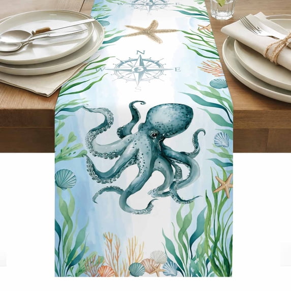 Octopus Coastal Table Runner - 70 Inch Long, Kitchen Dining Table Runner Dresser Scarves, Summer Beach Nautical Starfish Compass Farmhouse Decor for Coffee Tables Wedding Party Banquet