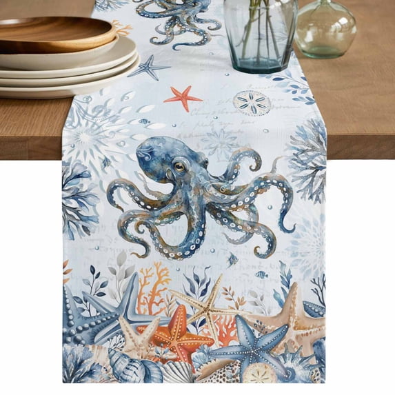 Octopus Coastal Table Runner 70 Inches, Summer Beach Coral Starfish Blue Ombre Bed Runner Dresser Scarves Tabletop for Indoor Outdoor Parties/Ceremony/Banquet, 13" x 70"