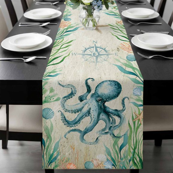 Octopus Coastal Table Runner 72 Inches Long, Vintage Nautical Ocean Starfish Compass Kitchen Coffee Dining Table Decoration for Home Party Birthday Wedding Home Decor 18x72 Inches