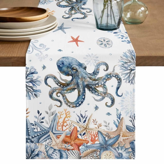 Octopus Coastal Table Runner 72 Inches, Summer Beach Coral Starfish Ocean Bed Runner Dresser Scarves Tabletop for Indoor Outdoor Parties/Ceremony/Banquet, 14" x 72"