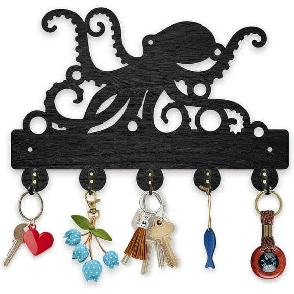 Octopus Coat Hooks Wall Mount Octopus Tentacles Wood Key Holder for Wall 11.87.9inch Black Ocean Sealife Wall Art Decor Key Hooks 5 Alloy Hooks for Gift Entryway Living Room Kitchen Office Black