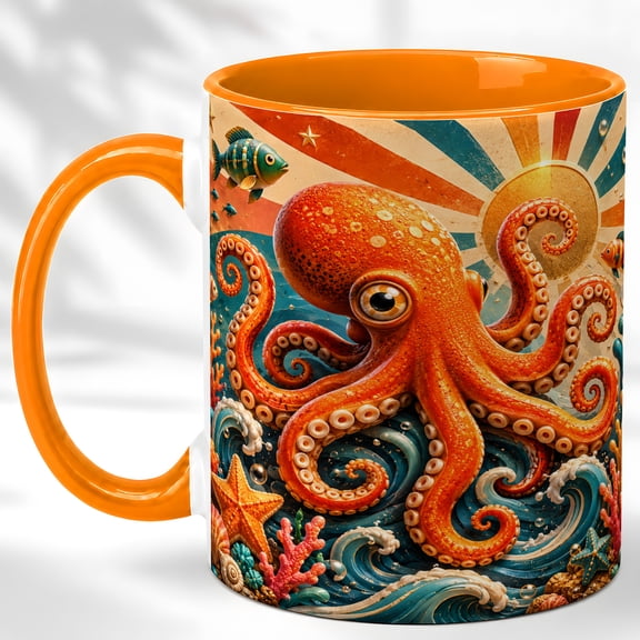 Octopus Coffee Mug, Retro Ocean Wave Mug, Ceramic 11 oz
