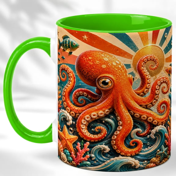 Octopus Coffee Mug, Retro Ocean Wave Mug, Ceramic 11 oz
