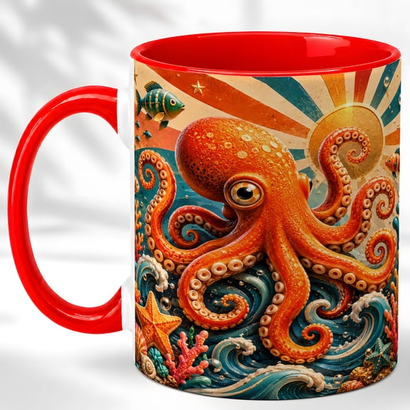 Octopus Coffee Mug, Retro Ocean Wave Mug, Ceramic 11 oz