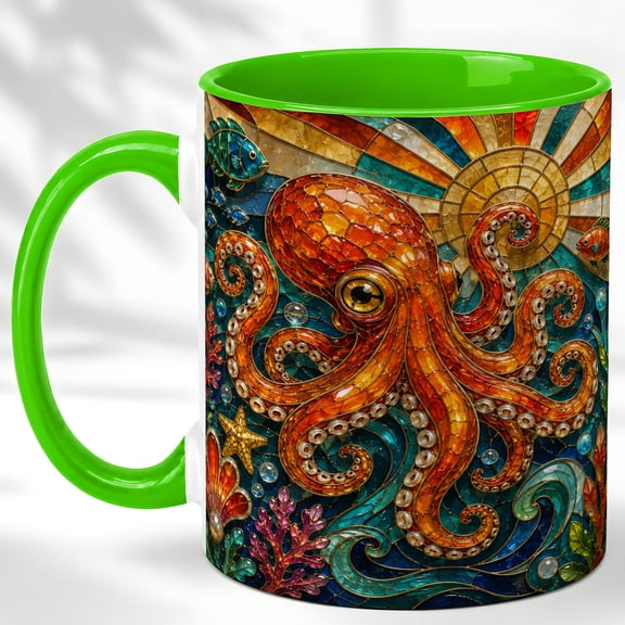 Octopus Coffee Mug, Stained Glass Ocean Mug, Ceramic 11 oz