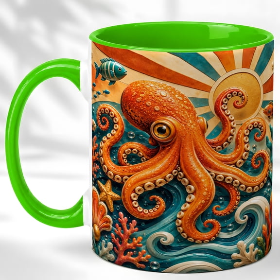 Octopus Coffee Mug, Sunny Sea Life Mug, Ceramic 11 oz
