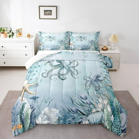 Octopus Comforter Set Teal Blue Ocean Beach Coastal King Bedding Comforter Sets,Starfish Octopus Tentacles Quilt Underwater Creature Coral Duvet Insert,Kawaii Fish Room Decor