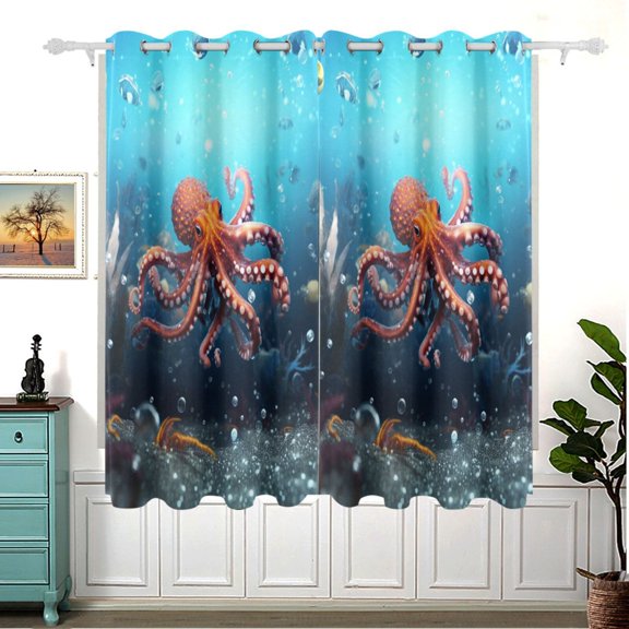 Octopus Conches Shells Blackout Curtain Panels 63x55in Drapes Privacy Assured for Living room Bedroom Bathroom 2 panels set