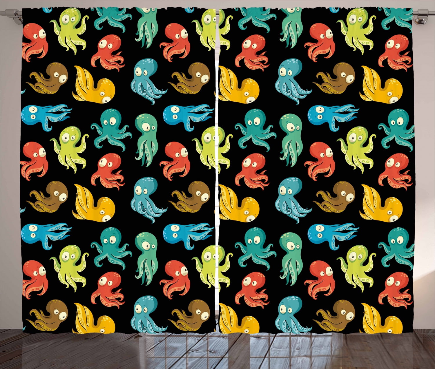 Ambesonne Octopus Curtains 2 Panel Set, Funny Sea Characters, 108