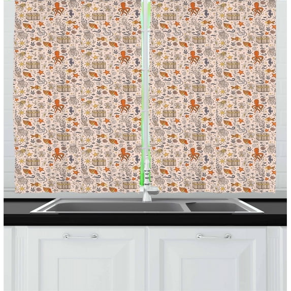 Octopus Curtains 2 Panels Set, Ocean Adventure Themed Pattern with Various Elements in Cartoon Style for Kids, Window Drapes for Living Room Bedroom, 55W X 39L Inches, Multicolor, by Ambesonne