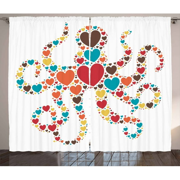Ambesonne Octopus Curtains 2 Panel Set, Shape with Hearts Love, 108" x 108", Multicolor