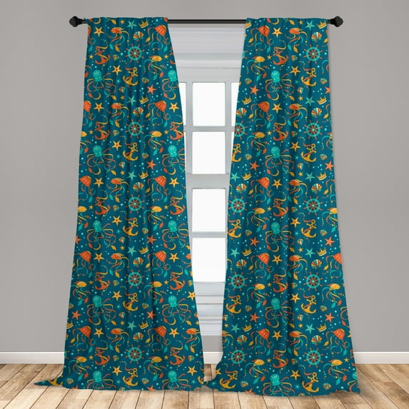 Octopus Curtains 2 Panels Set, Tropical Underwater Fauna Cartoon Elements Gemstones Animals Bubbles, Window Drapes for Living Room Bedroom, 56"W X 63"L, Teal Orange and Marigold, by Ambesonne