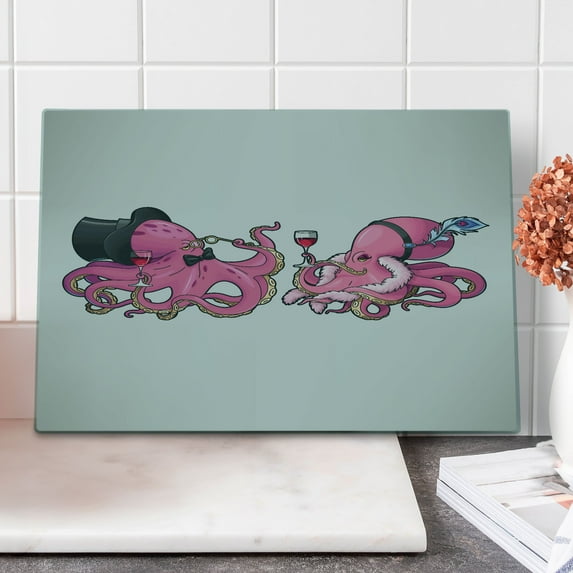 Octopus Cutting Board, Cartoon Art Illustration of Octopuses in Fun Retro Costumes at Party Vintage Style, Decorative Tempered Glass Cutting and Serving Board, in 3 Sizes, by Ambesonne