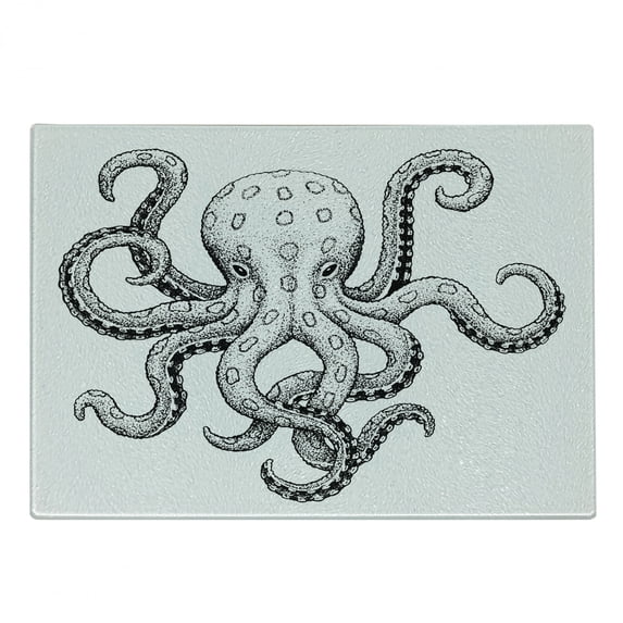 Octopus Cutting Board, Classic Drawn Ink Illustration Wild Marine Animal with Swirling Tentacles, Decorative Tempered Glass Cutting and Serving Board, Small Size, Black and White, by Ambesonne