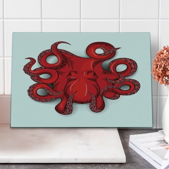 Octopus Cutting Board, Kraken Animal Shadow Tropical Seafood Marine Tentacle Simple Design Art Print, Decorative Tempered Glass Cutting and Serving Board, Large Size, Red, by Ambesonne