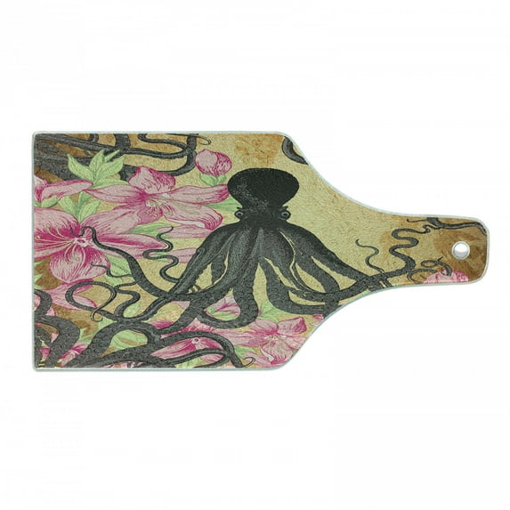Octopus Cutting Board, Kraken Roses Leaves Tentacles Vintage Antiqued Sea Life Theme, Decorative Tempered Glass Cutting and Serving Board, Wine Bottle Shape, Pale Brown Pink, by Ambesonne