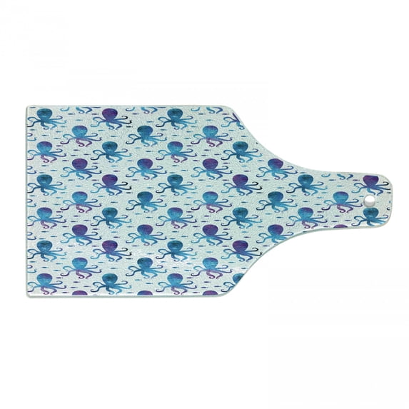 Octopus Cutting Board, Mosaic Pattern Marine Animal Silhouettes Abstract Nautical Polygonal Design, Tempered Glass Cutting and Serving Board, Wine Bottle Shape, Blue Purple White, by Ambesonne