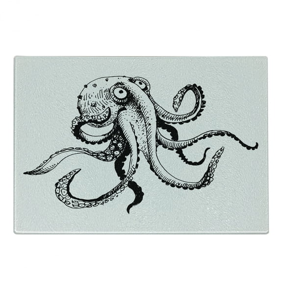 Octopus Cutting Board, Smiling Shy Octopus Posing Restaurant Comic Fun Doodle Art Illustration Print, Decorative Tempered Glass Cutting and Serving Board, Small Size, Black White, by Ambesonne