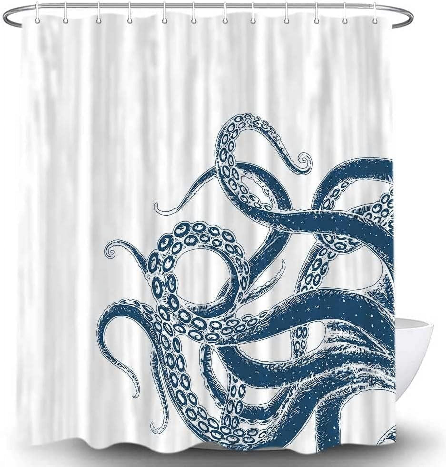 Octopus Decor Shower Curtain for Bathroom, Funny Blue and White Sea ...