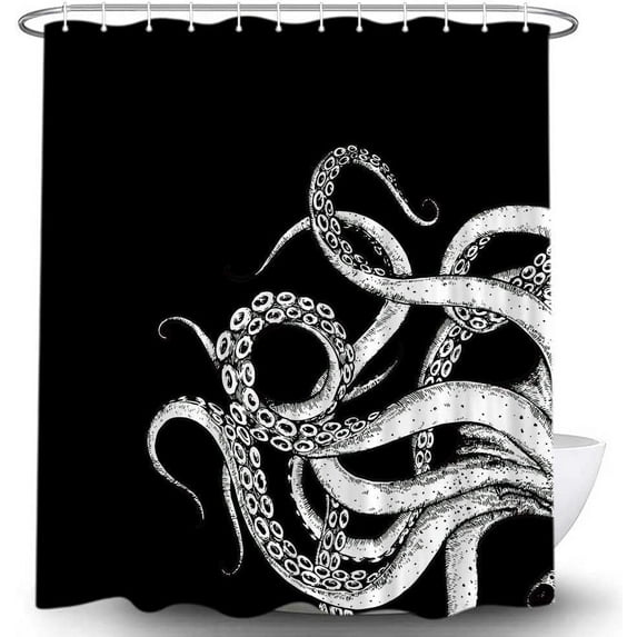 Octopus Decor Shower Curtain, Funny Black and White Sea Monster Kraken Animal Goth Fabric Set, Unique Novelty Nautical Gothic Restroom Accessories