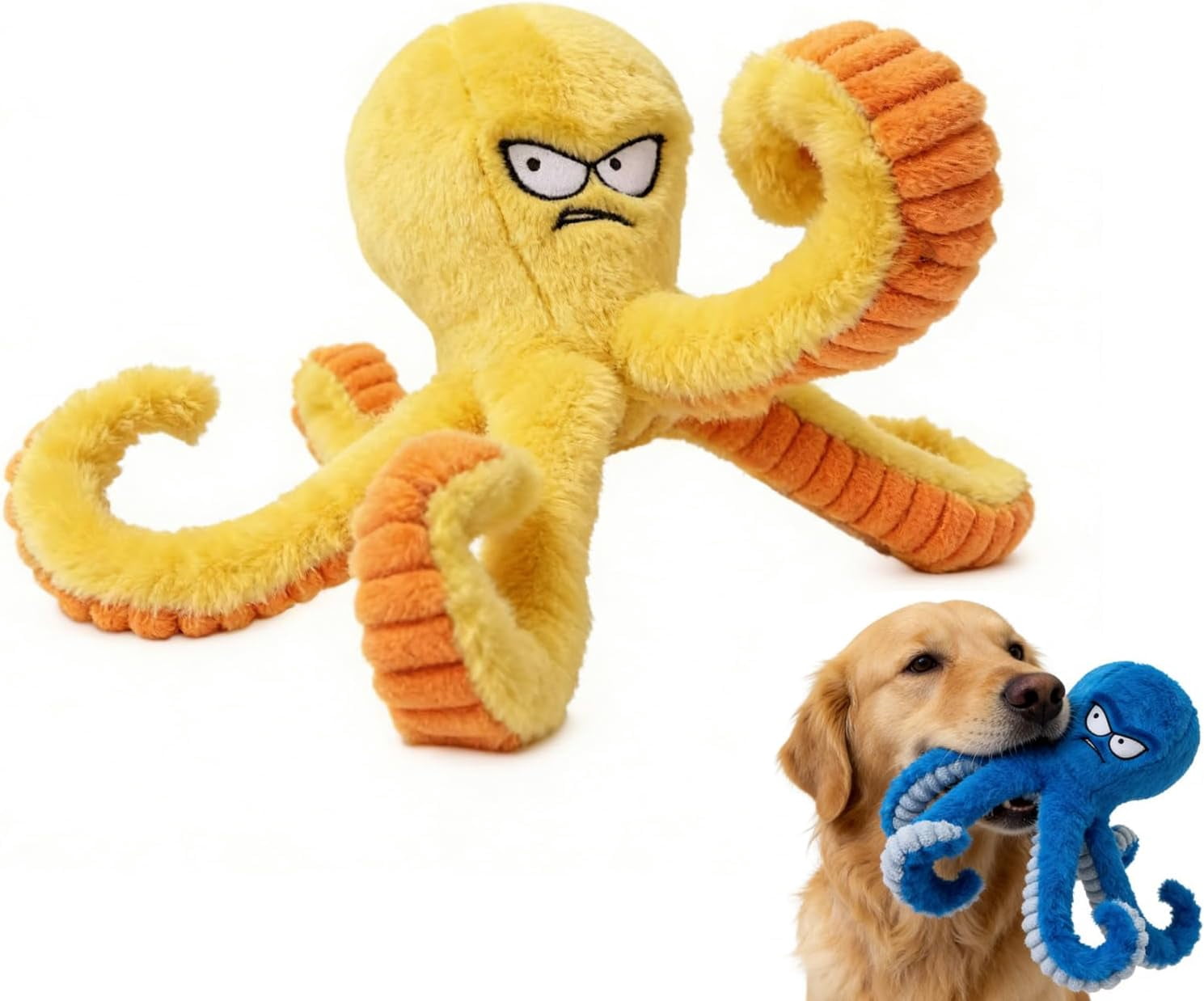 Octopus Dog Toy,Angry Octopus Dog Toy,Tough Dog Toys,Squeaky Plush with Long Tentacles, Chew Toys for Small and Large Dogs Crinkle Blue Octopus (Yellow)