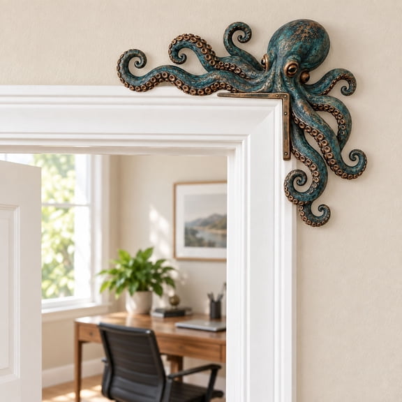 Octopus Door Topper, Wooden Flat Ocean Frame Corner Decor, Nautical Animal Profile, Curled Tentacle Art Wall Decor, Antique Style Corner-Fitting Shape, Easy Placement, Gift for Marine Lover