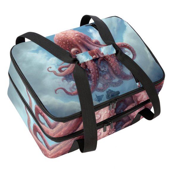 Octopus Double Layered Insulated and Refrigerated Lunch Bag with Two Compartments, Large Capacity, and Hand-Carrying Feature, 7.1x11.4x16.1 Inches - Ideal for Daily Use as Lunch Bags