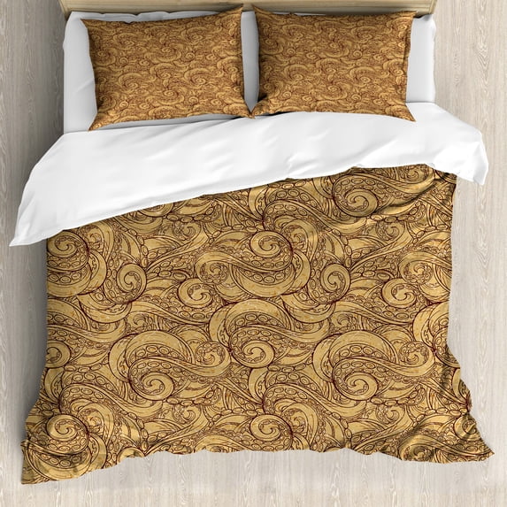 Octopus Duvet Cover Set, Exotic Marine Swimming Character Tentacled Legs Vintage Earth Tone Design, Decorative 3 Piece Bedding Set with 2 Pillow Shams, Calking Size, Camel Chestnut Brown, by Ambesonne