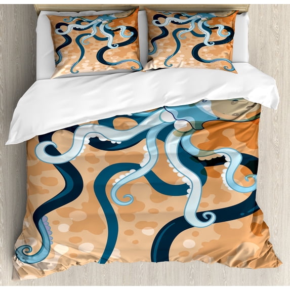 Octopus Duvet Cover Set, Giant Cephalopod Legs Exotic Oceanic Animals Beast Wild Life Image Print, Decorative 3 Piece Bedding Set with 2 Pillow Shams, King Size, Orange Blue, by Ambesonne
