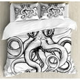 thumbnail image 1 of Octopus Duvet Cover Set, Illustration of Octopus in a Woodblock Style Monochromic Art, Decorative 3 Piece Bedding Set with 2 Pillow Shams, Calking Size, Brown White, by Ambesonne, 1 of 3