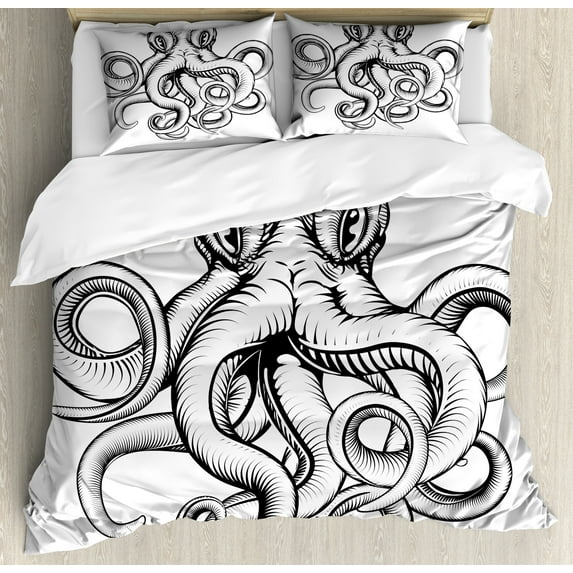 Octopus Duvet Cover Set, Illustration of Octopus in a Woodblock Style Monochromic Art, Decorative 3 Piece Bedding Set with 2 Pillow Shams, Calking Size, Brown White, by Ambesonne