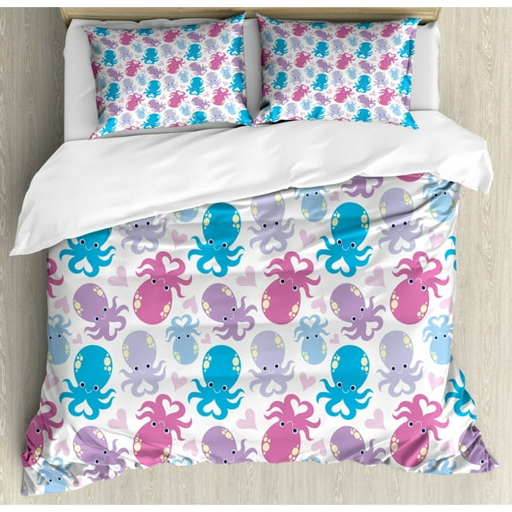 Octopus Duvet Cover Set King Size, Cute Cartoon Marine Animals with Various Colors Heart Shapes Love Themed Image, Decorative 3 Piece Bedding Set with 2 Pillow Shams, Lilac Pink Blue, by Ambesonne
