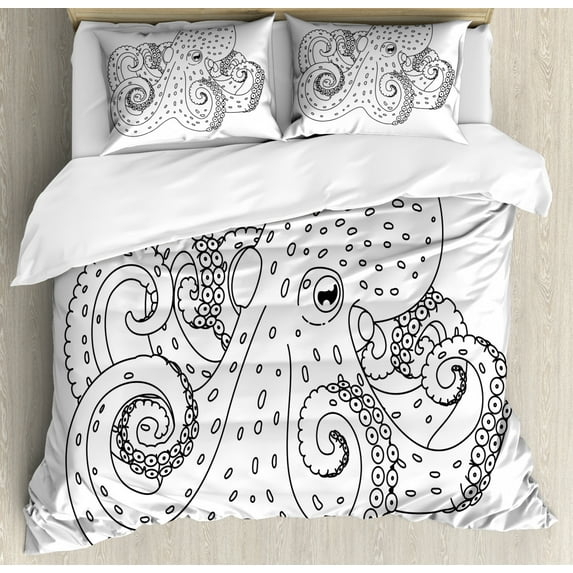 Octopus Duvet Cover Set King Size, Monochrome Cartoon Illustration of a Sea Animal with Spots Art Print, Decorative 3 Piece Bedding Set with 2 Pillow Shams, White and Charcoal Grey, by Ambesonne