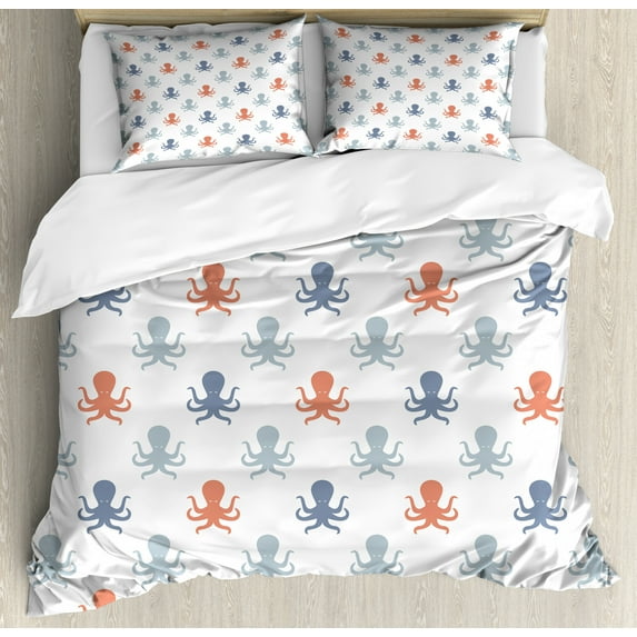 Octopus Duvet Cover Set King Size, Ocean Animal Tentacles Silhouettes Sea Life Underwater Wildlife Abstract, Decorative 3 Piece Bedding Set with 2 Pillow Shams, Blue Grey Cinnamon, by Ambesonne