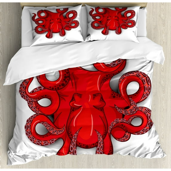 Octopus Duvet Cover Set, Kraken Animal Shadow Tropical Seafood Marine Tentacle Simple Design Art Print, Decorative 3 Piece Bedding Set with 2 Pillow Shams, Calking Size, Red, by Ambesonne