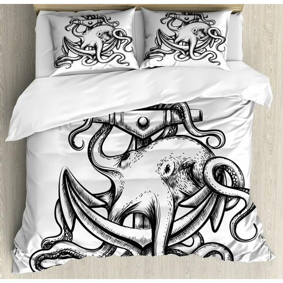 Octopus Duvet Cover Set, Nautical Theme Anchor and Octopus with Long Tentacles Sketch Style Sea Creature, Decorative 3 Piece Bedding Set with 2 Pillow Shams, Queen Size, Black White, by Ambesonne