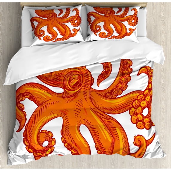 Octopus Duvet Cover Set, Octopus Pattern Illustration Underwater World Wild Nature Themed Art Print, Decorative 3 Piece Bedding Set with 2 Pillow Shams, Queen Size, Orange White, by Ambesonne