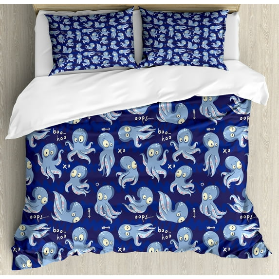 Octopus Duvet Cover Set Queen Size, Cartoon Style Comical Animals Funny Drawing of Ocean Inhabitants Underwater Theme, Decorative 3 Piece Bedding Set with 2 Pillow Shams, Multicolor, by Ambesonne