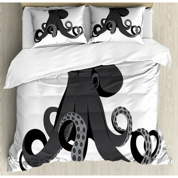Octopus Duvet Cover Set Queen Size, Nautical Image of Animal in Monochrome Style on Plain Backdrop Art Print, Decorative 3 Piece Bedding Set with 2 Pillow Shams, White and Dark Grey, by Ambesonne