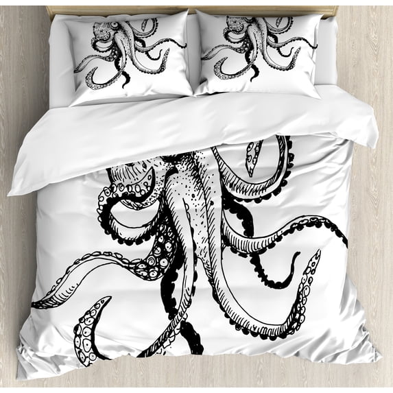 Octopus Duvet Cover Set, Smiling Shy Octopus Posing Restaurant Comic Fun Doodle Art Illustration Print, Decorative 3 Piece Bedding Set with 2 Pillow Shams, King Size, Black White, by Ambesonne
