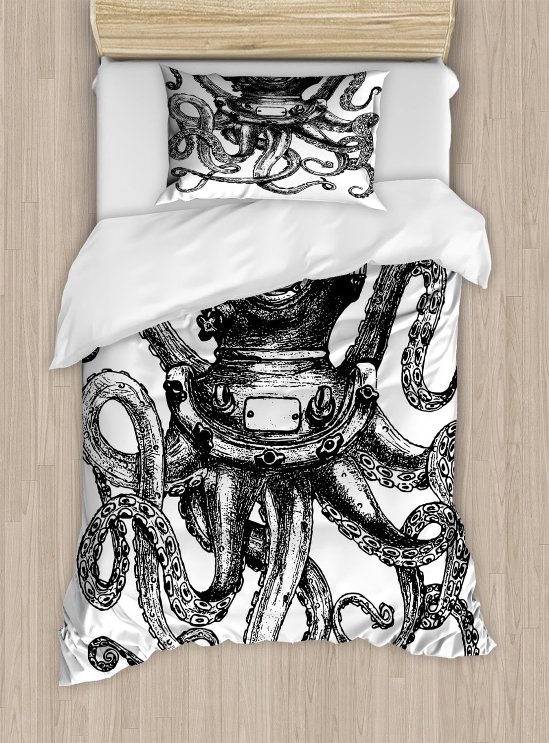 Twin Black and White Octopus Duvet Cover Set