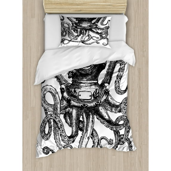 Octopus Duvet Cover Set Twin Size, Vintage Style Diver Octopus Marine Animal Tentacles Scuba Concept, Decorative 2 Piece Bedding Set with 1 Pillow Sham, Charcoal Grey and White, by Ambesonne