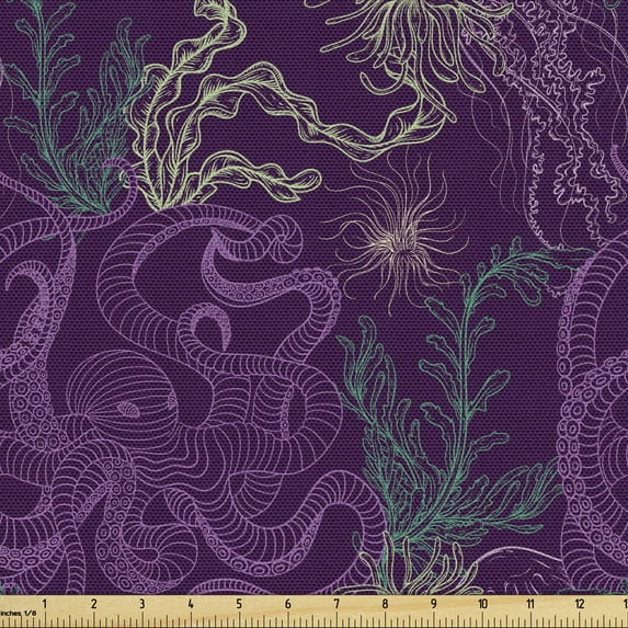 Ambesonne Octopus Fabric by the Yard Upholstery, Sea Wildlife, 10 Yards, Dark Purple Pale Green