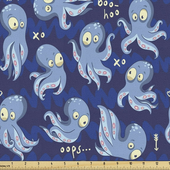 Ambesonne Octopus Fabric by the Yard Upholstery, Cartoon Style Wildlife, 1 Yard, Multicolor