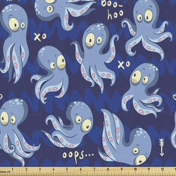 Ambesonne Octopus Fabric by the Yard Upholstery, Cartoon Style Wildlife, 5 Yards, Multicolor