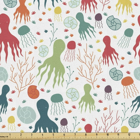 Ambesonne Octopus Fabric by the Yard Upholstery, Ocean Wildlife Theme, 5 Yards, Multicolor